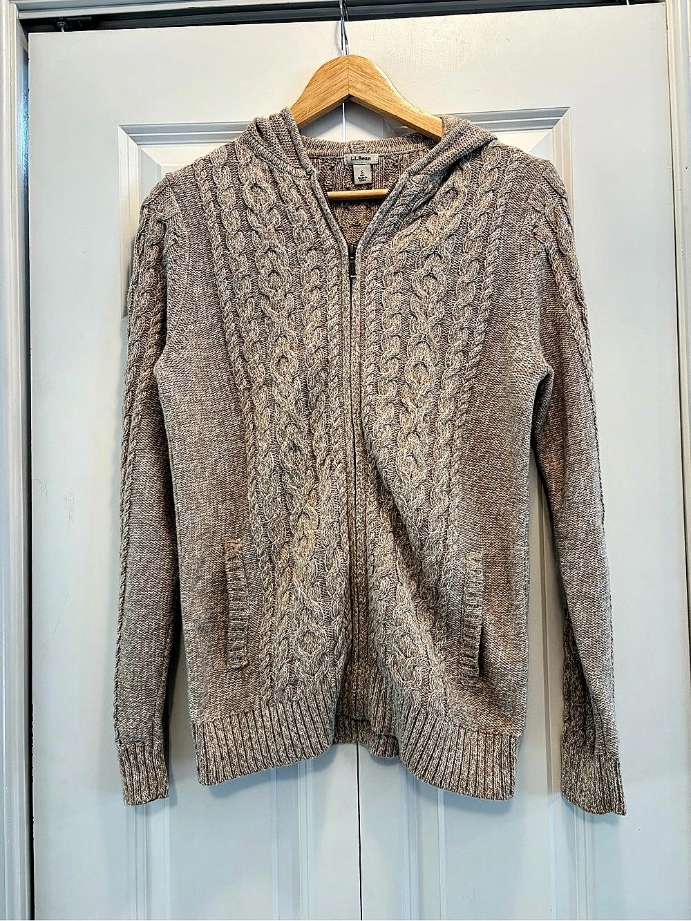 LL Bean Cardigan Cable Knit Zip Sweater Size Small